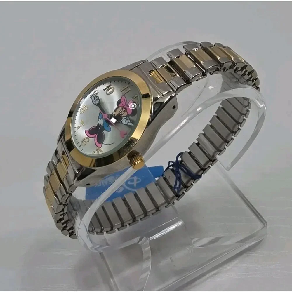 Disney Minnie Mouse High Dome Face Gold & Silver Tone Band Watch New Battery 262